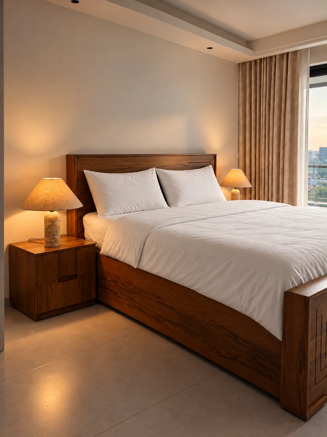 Wooden bed framed by two illuminated lamps; bedding digitally tidied