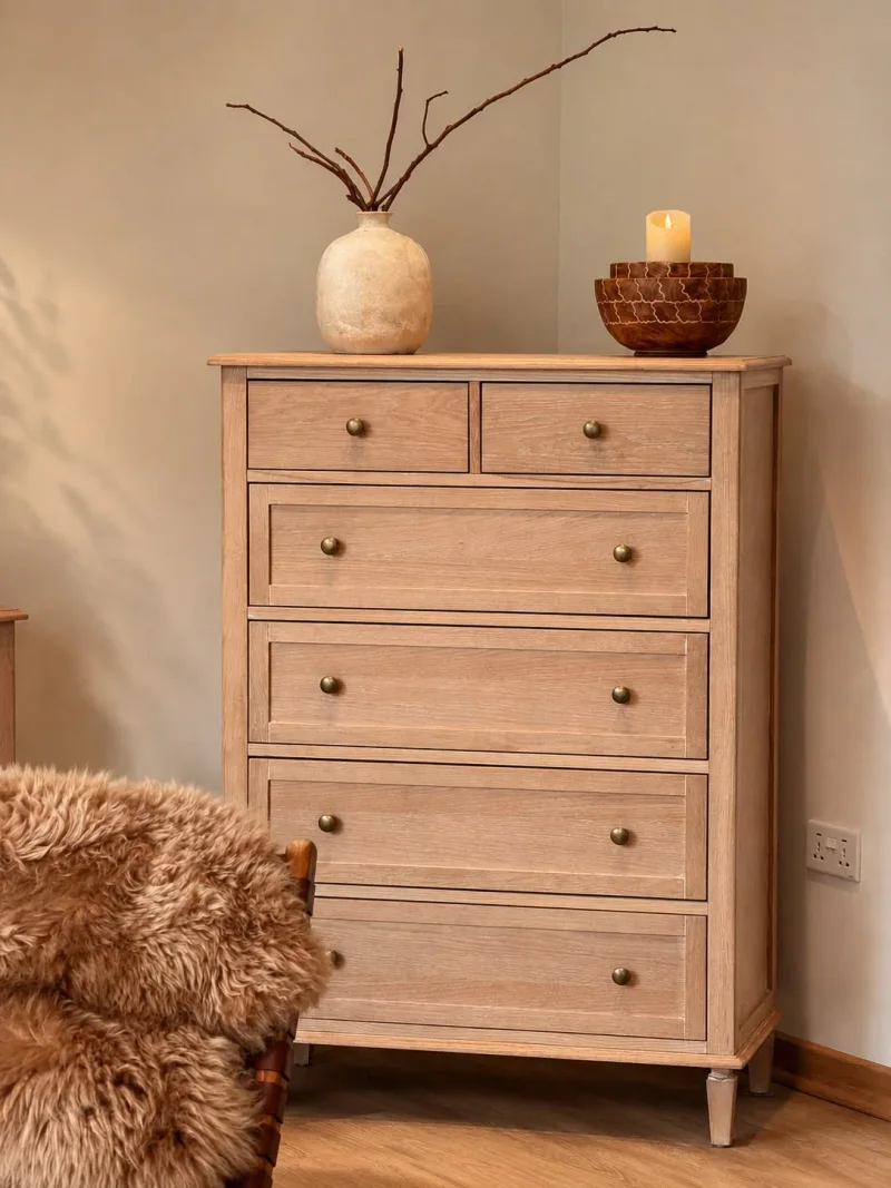 Tall timber chest with two small top drawers, styled with a vase and candle; a pelt-covered chair is partly visible.