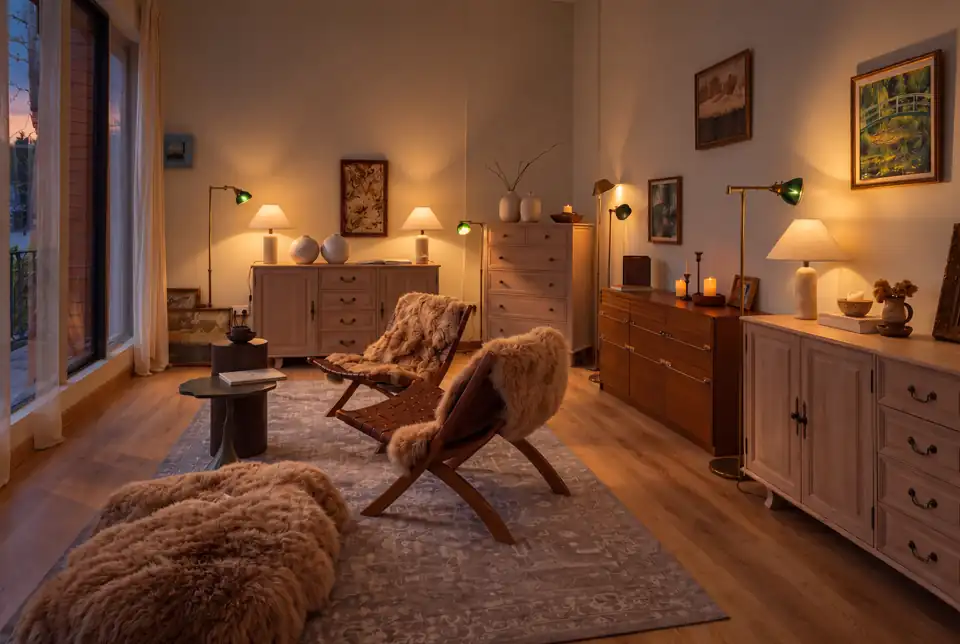Illustrative showroom with pale wood credenzas, framed art, ceramics and warm lamps at dusk