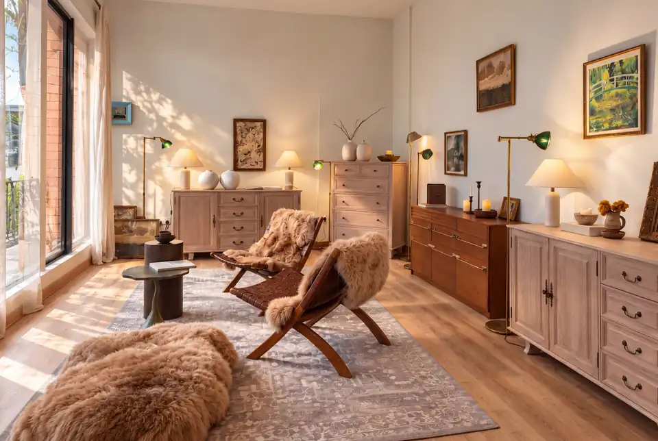 Illustrative showroom with pale wood credenzas, framed art, ceramics and warm lamps in daylight