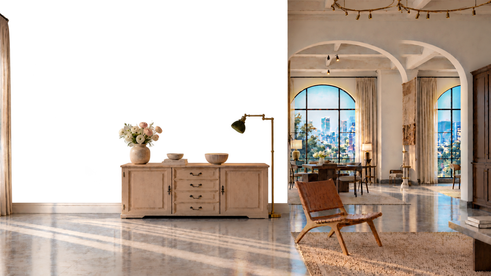 A sunlit Nairobi home with an ash sideboard, fresh flowers and a green glass reading lamp