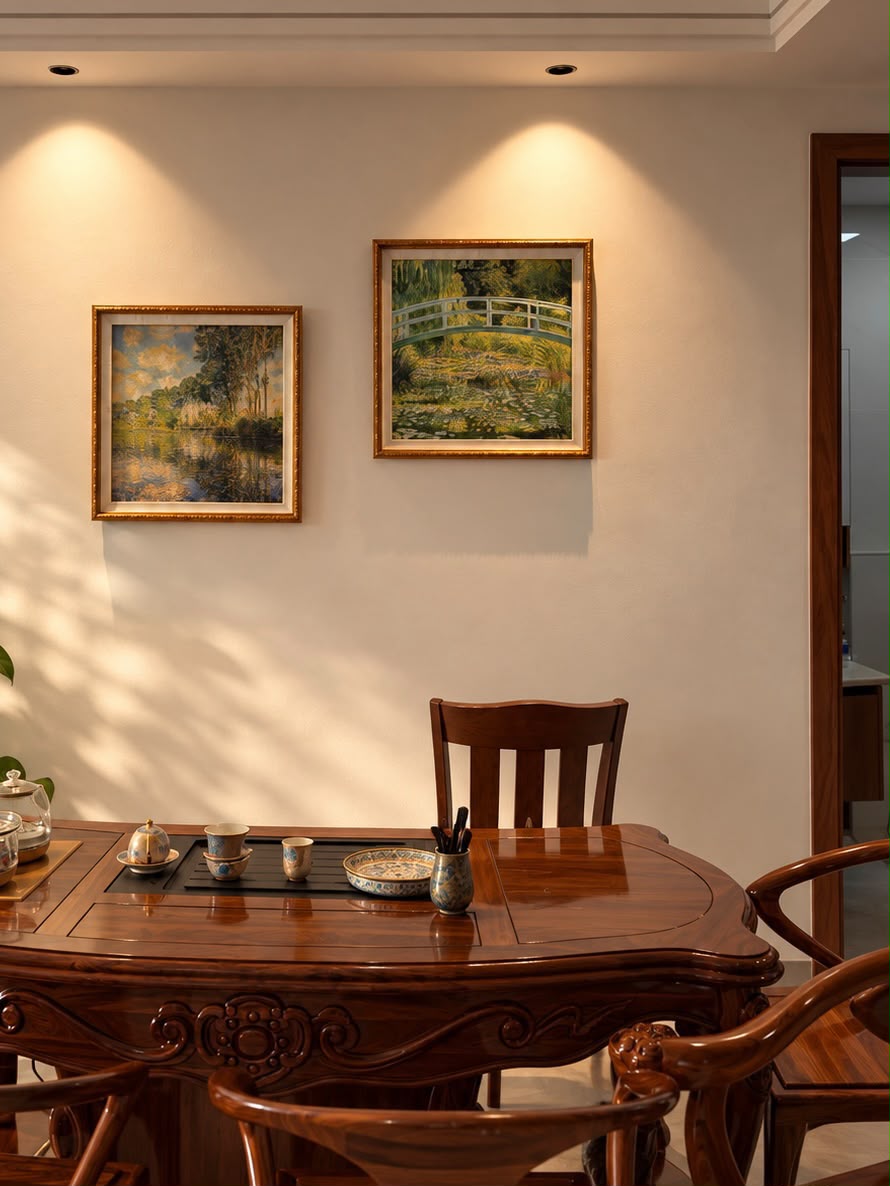 Two framed landscape artworks above a wooden dining table set for tea